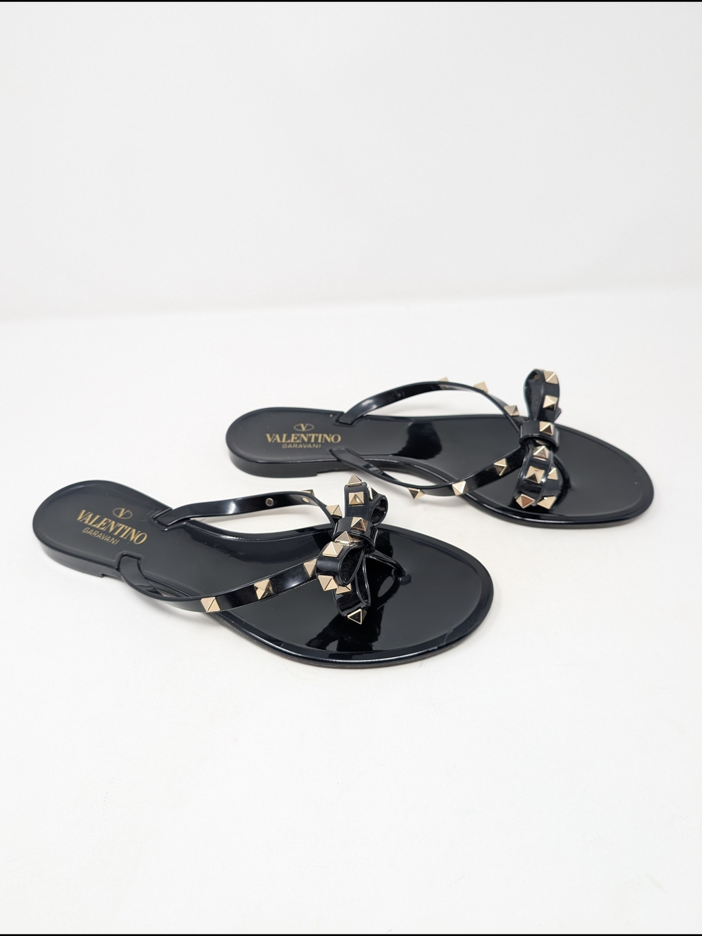 Valentino Garavani RockStud Jelly Thong Bow Slides Sandals Black Size 41
